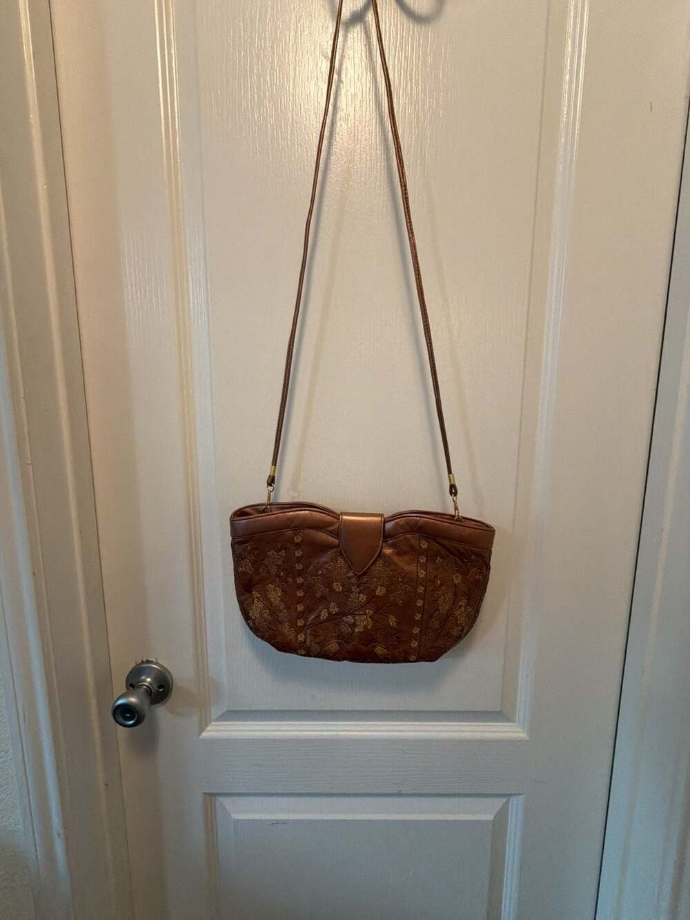 J. Renee Metallic Bronze Leather Floral Embroidered Crossbody Shoulder Bag